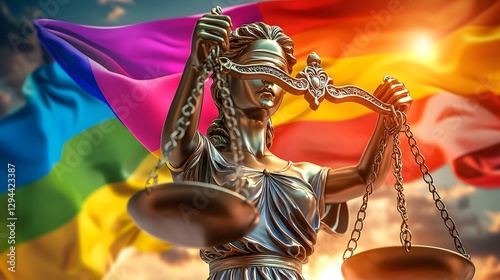 Obraz na płótnie Striking allegorical composition depicting the iconic Statue of Justice standing firm with a vibrant LGBT pride flag draped over her shoulders w salonie