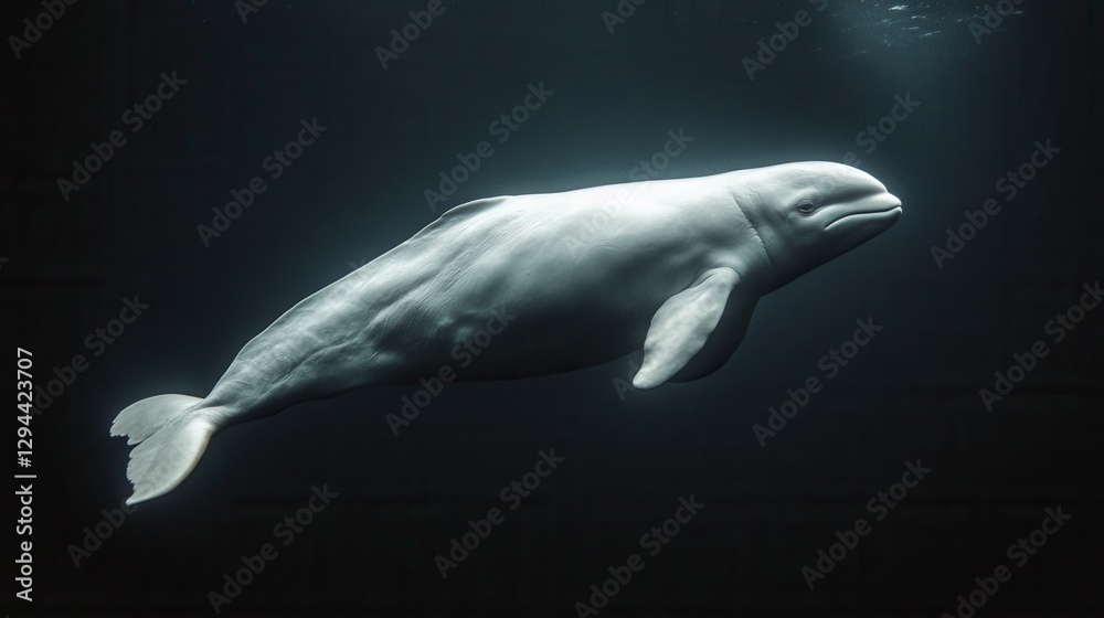 Naklejka premium Beluga whale underwater – a realistic underwater photography of a graceful white whale in the deep ocean. A stunning marine landscape showcasing nature’s harmony.