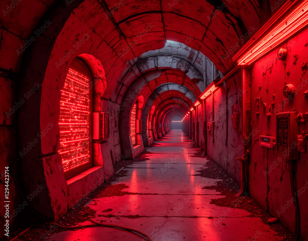 Obraz premium Underground data bunker with concrete walls, glowing fiber optic constellations, red emergency lights, and retro tech.