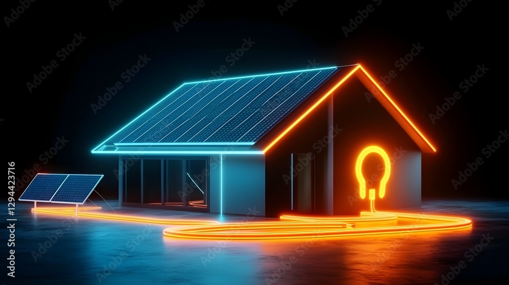 Stylized digital concept of a futuristic eco friendly smart home with luminous solar rooftops a glowing plug symbol and flowing energy currents
