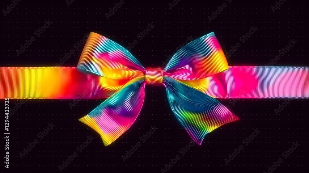 Stylish multicolored ribbon bow with bright vibrant hues and textured fabric neatly tied and floating on a transparent background for easy into various design projects and visual elements