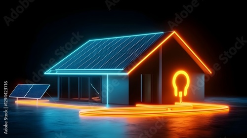Obraz na płótnie Stylized digital concept of a futuristic eco friendly smart home with luminous solar rooftops a glowing plug symbol and flowing energy currents w salonie