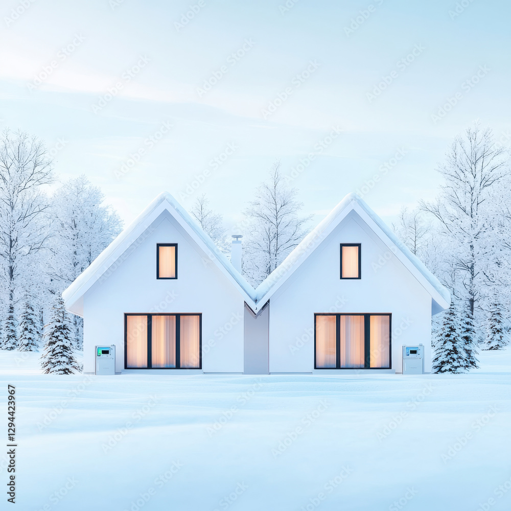 Minimalist white houses in snowy landscape with warm lighting Minimalist white houses in snowy landscape with warm lighting