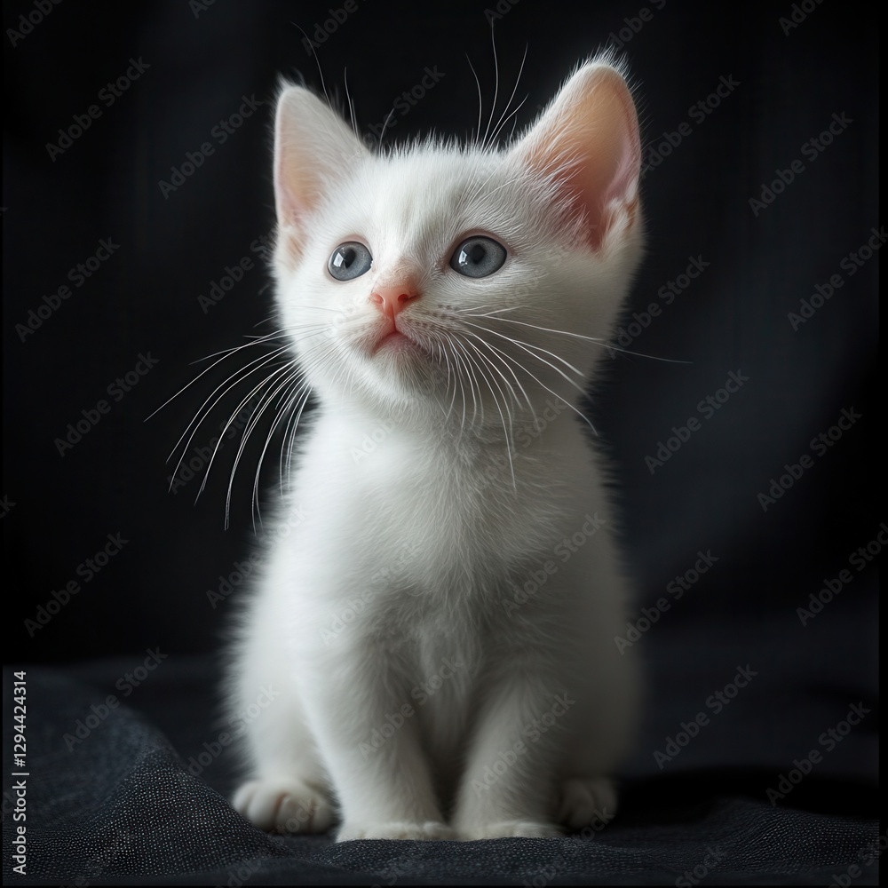 Studio portrait of a white kitten with blue eyes on a dark background, adorable facial expression, fluffy fur, professional photography for advertising, calendars, and print materials. Studio portrait of a white kitten with blue eyes on a dark background, adorable facial expression, fluffy fur, professional photography for advertising, calendars, and print materials.
