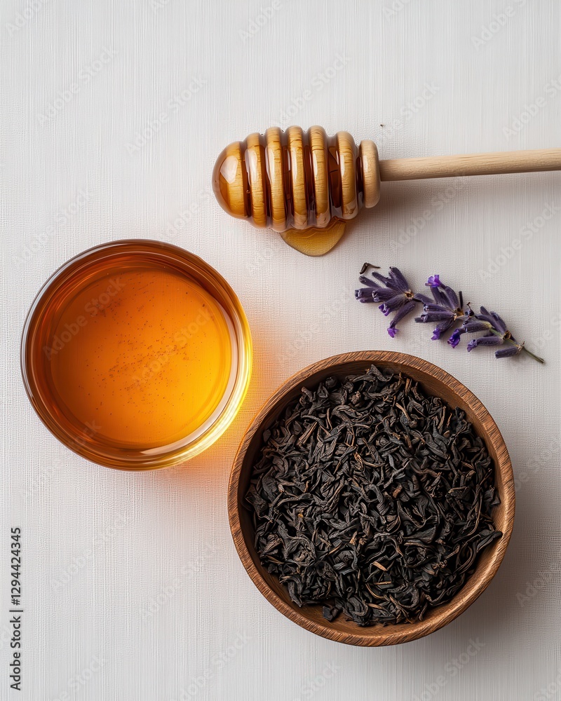Fototapeta premium Aromatic Herbal Tea Ingredients with Honey and Dried Lavender on Wooden Background
