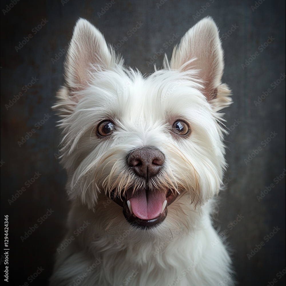 Close-up of a white West Highland Terrier with fluffy fur on a black background, happy pet, studio dog portrait, perfect image for advertising, calendars, and print materials. Close-up of a white West Highland Terrier with fluffy fur on a black background, happy pet, studio dog portrait, perfect image for advertising, calendars, and print materials.