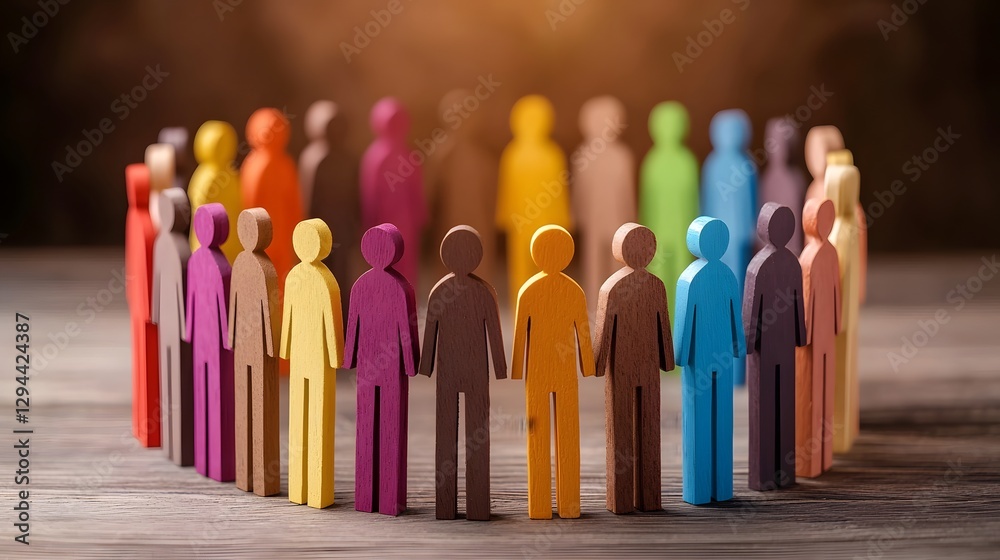 Symbolic 3D Rendering of Multicolored Figurines Standing Together in a Perfect Circle Representing Diversity Equity and Inclusion in Professional and Social Environments