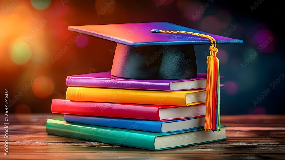 Symbolic still life depicting the pride and accomplishment of academic achievement with a stack of colorful books topped by a graduation cap and tassel