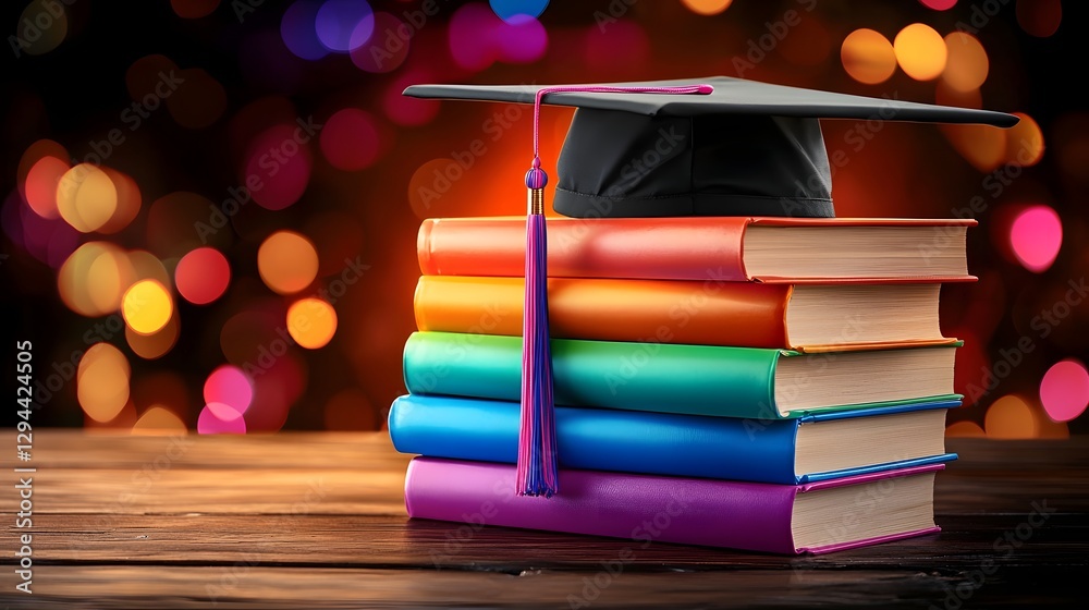 Symbolic still life depicting the pride and achievement of education graduation and academic success The image features a stack of colorful books and a graduation cap symbolizing the knowledge