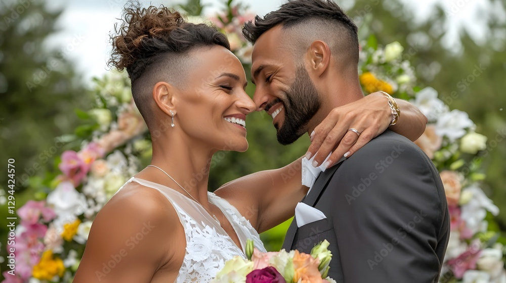 Tender and intimate wedding portrait of a happy couple sharing a heartfelt moment surrounded by elegant floral that symbolize their unity pride and lifelong journey together