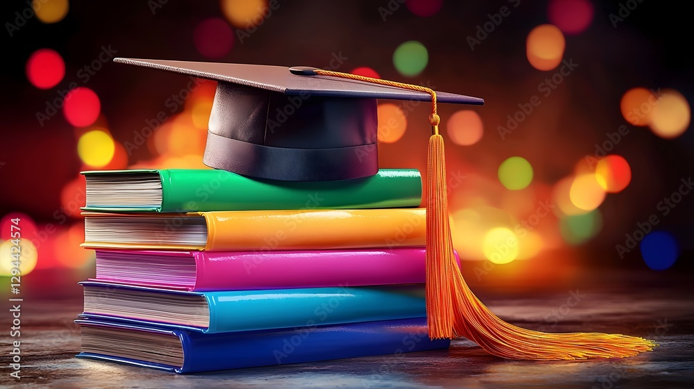 Symbolic still life image showcasing the accomplishment and pride of education featuring a graduation cap diploma and colorful stacks of books against a bokeh background