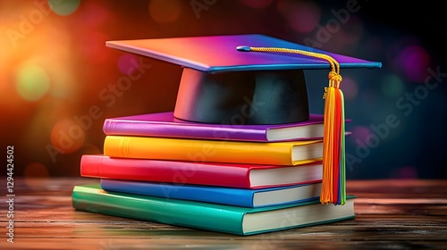 Obraz na płótnie Symbolic still life depicting the pride and accomplishment of academic achievement with a stack of colorful books topped by a graduation cap and tassel w salonie