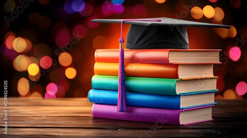 Obraz na płótnie Symbolic still life depicting the pride and achievement of education graduation and academic success The image features a stack of colorful books and a graduation cap symbolizing the knowledge w salonie
