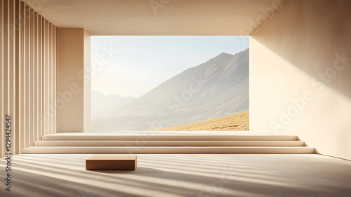 Spacious minima room with large window overlooking mountain landscape and soft natural light.