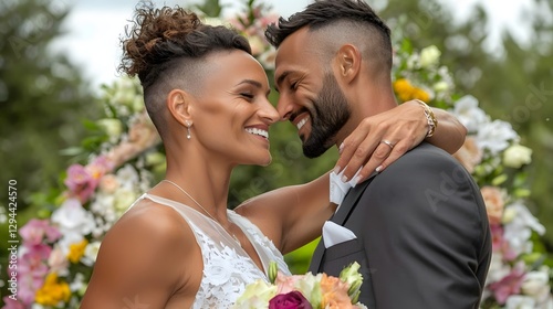 Obraz na płótnie Tender and intimate wedding portrait of a happy couple sharing a heartfelt moment surrounded by elegant floral that symbolize their unity pride and lifelong journey together w salonie