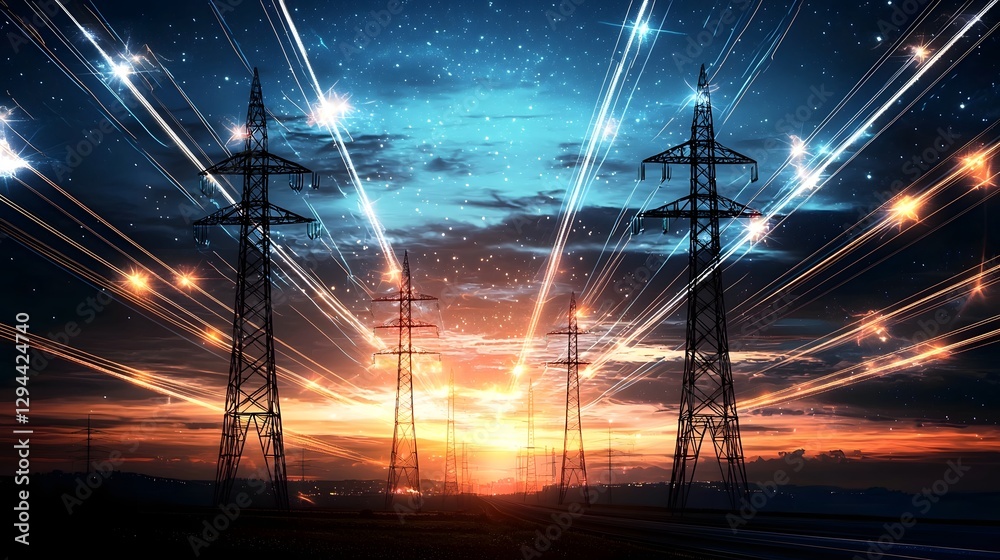 The Futuristic Interconnected High Voltage Power Grid Illuminating the Dramatic Night Sky