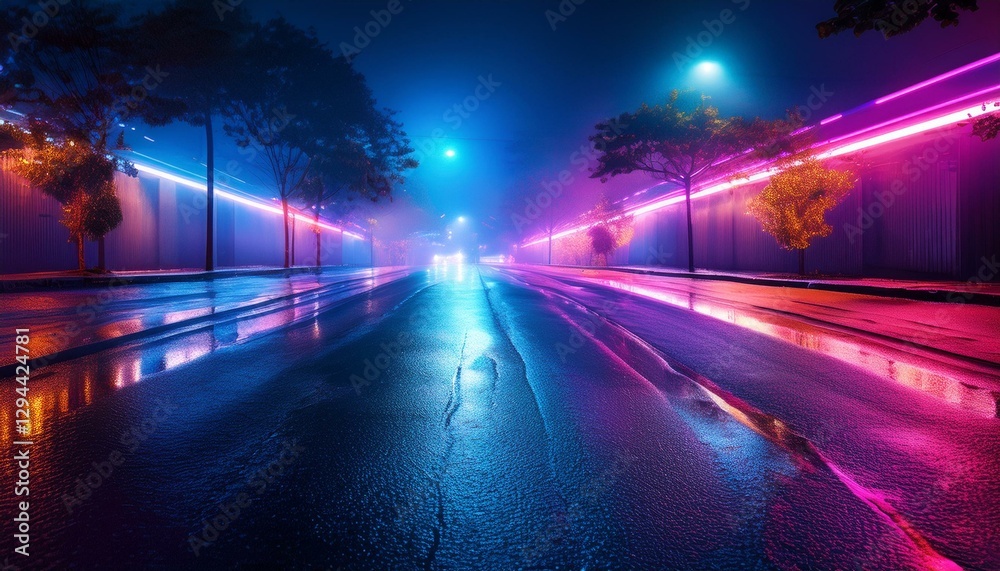 empty wet asphalt street illuminated by vibrant neon lights at night empty wet asphalt street illuminated by vibrant neon lights at night