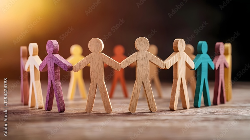 This abstract image showcases the concept of diversity and inclusion through a circle of wooden human figures standing together in unity