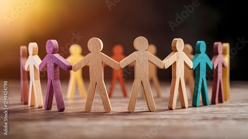 Obraz na płótnie This abstract image showcases the concept of diversity and inclusion through a circle of wooden human figures standing together in unity w salonie