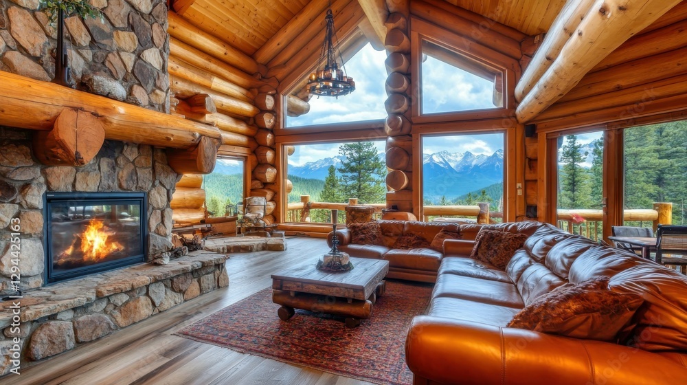 Log Cabin Interior: Luxury Living Room with Leather Sofa, Stone Fireplace, and Mountain View Log Cabin Interior: Luxury Living Room with Leather Sofa, Stone Fireplace, and Mountain View