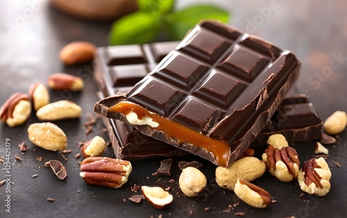 Delicious Caramel Filled Dark Chocolate Bar with Pecans and Nuts