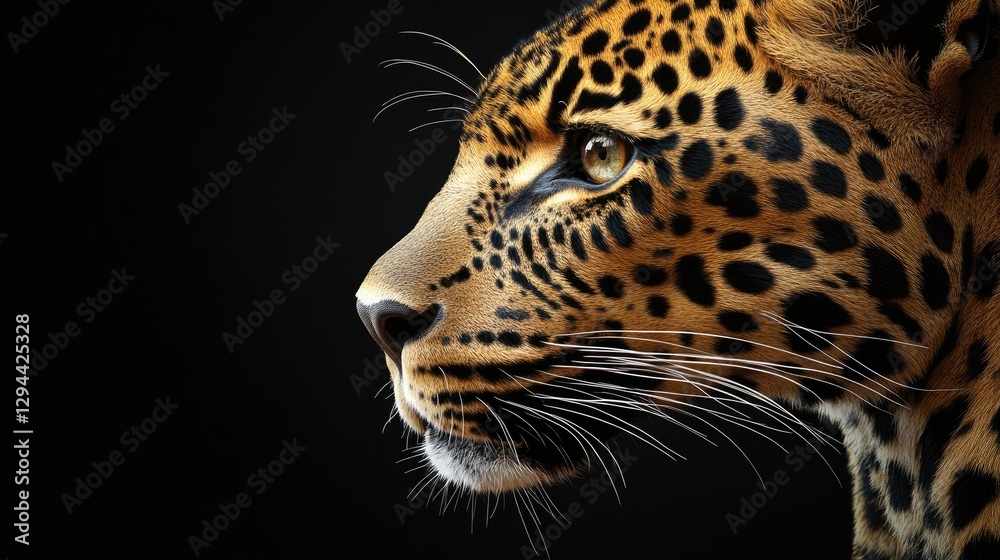 Fototapeta premium A close-up of a leopard's face, highlighting the contrast between its spots and the black background