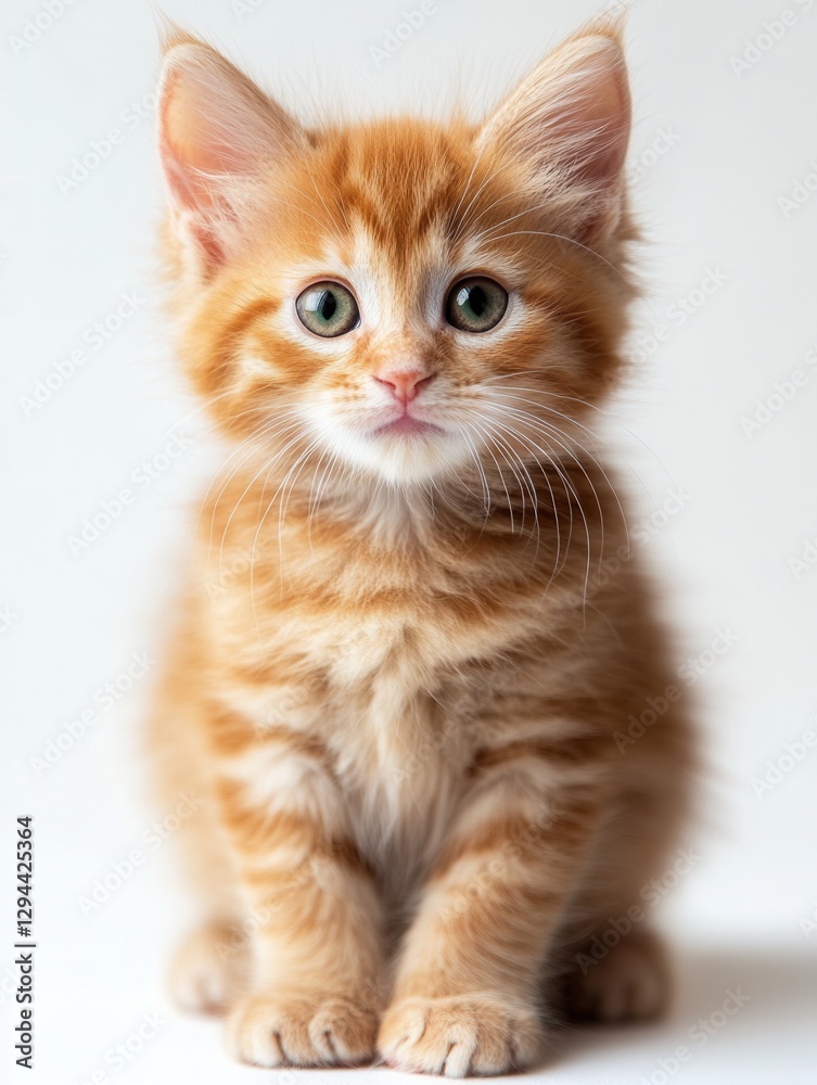 Ginger fluffy kitten with green eyes sitting on a white background, close-up, expressive gaze, soft fur, studio lighting, perfect for advertising, blogs, and social media. Ginger fluffy kitten with green eyes sitting on a white background, close-up, expressive gaze, soft fur, studio lighting, perfect for advertising, blogs, and social media.