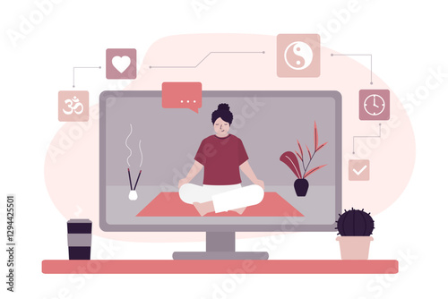 Female character participating yoga online workshop, workout designed to improve strength, balance, and flexibility. Girl doing yoga online, internet courses. Yoga class,