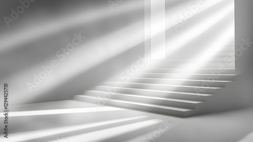 White staircase illuminated by dramatic light beams creating a serene and tranquil atmosphere indoors.