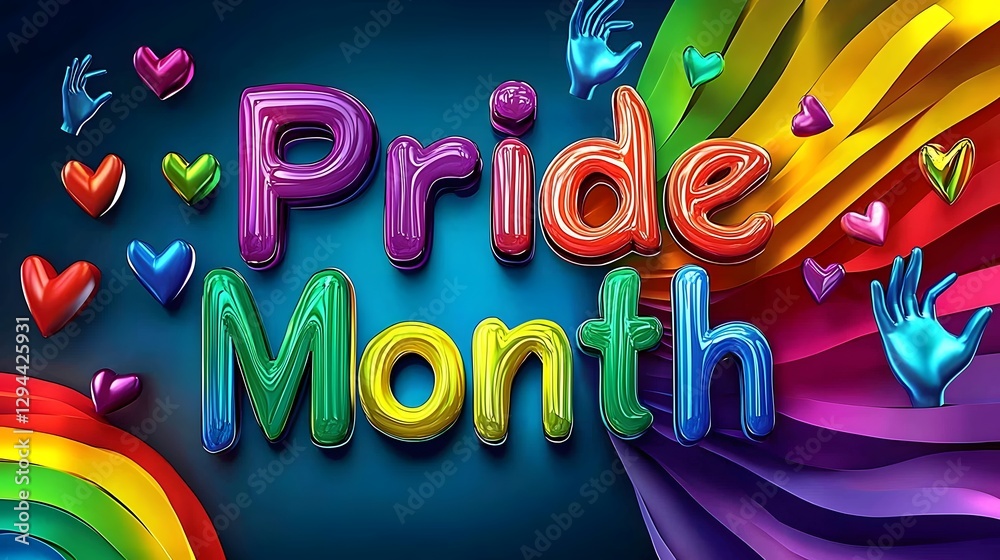 Vibrant and Colorful Pride Month Poster with Bold Typography Rainbow Background and Celebratory Elements like Hearts Hands and Peace Symbols Representing Love and Unity in the LGBTQ Community