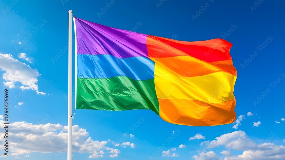 Vibrant and Colorful Pride Rainbow Flag Gracefully Waving in the Peaceful Blue Sky Symbolizing Freedom for the LGBTQ Community