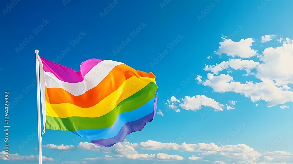 Vibrant and Colorful Rainbow LGBTQ Pride Flag Fluttering High in the Sunlight Against a Vast Bright Blue Sky Representing Diversity Inclusion and the of and Freedom for the LGBTQ Community