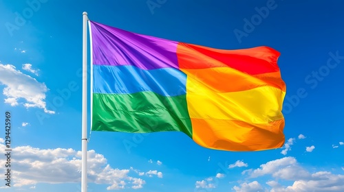 Obraz na płótnie Vibrant and Colorful Pride Rainbow Flag Gracefully Waving in the Peaceful Blue Sky Symbolizing Freedom for the LGBTQ Community w salonie