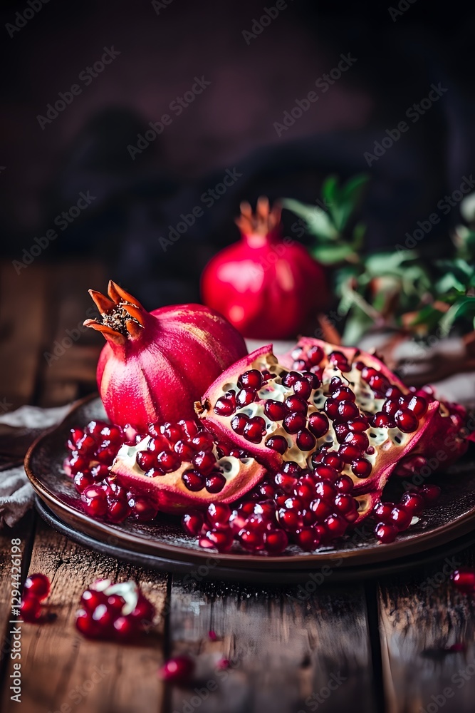 Naklejka premium Juicy Pomegranate Seeds Rustic Still Life Photography