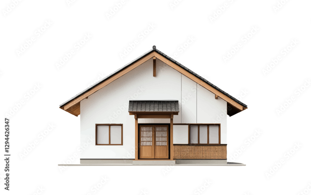 A high-resolution, two-dimensional vector illustration of an Asian-inspired one-story house, designed with a gable roof and a simplistic front-view composition. A high-resolution, two-dimensional vector illustration of an Asian-inspired one-story house, designed with a gable roof and a simplistic front-view composition.