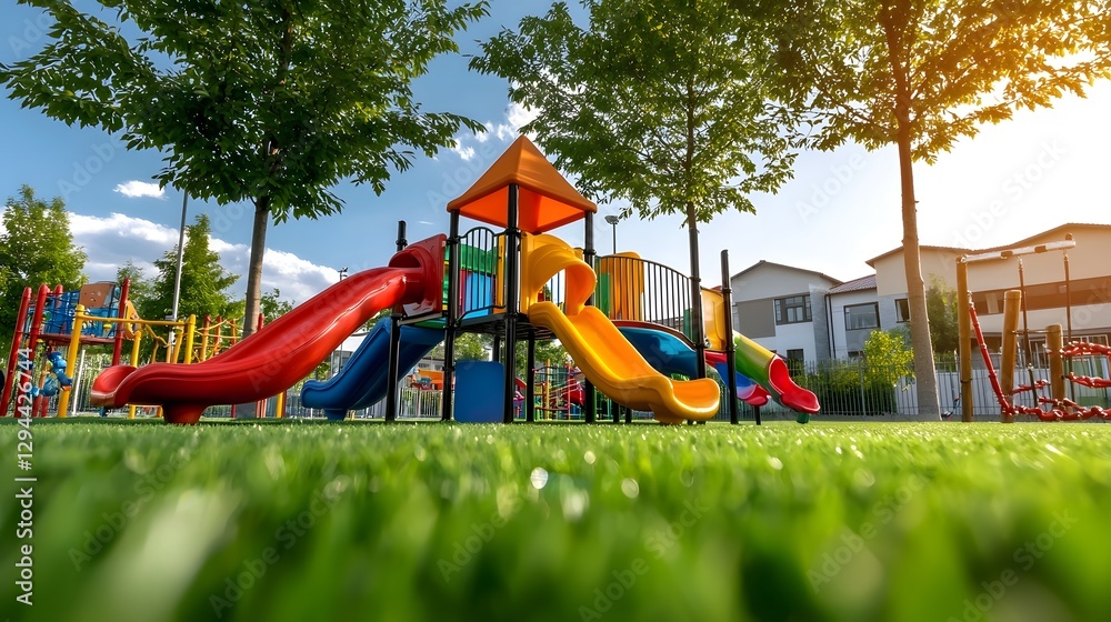 Vibrant and Inviting Children s Playground with Bright and Colorful Play Structures Nestled in a Lush Green Landscape Surrounded by Tall Shady Trees on a Sunny Day