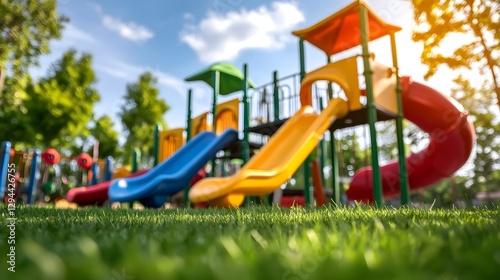 Vibrant and Inviting Outdoor Playground with Colorful Slides Swings and Climbing Structures Bathed in Warm Sunlight and Soft Shadows