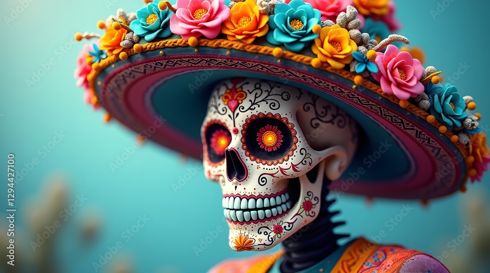 Naklejka premium Colorful Sugar Skull with Floral Sombrero in a Desert Setting, Vibrant Día de los Muertos Calavera with Mexican Folk Art Design, Festive Sugar Skull with Decorative Sombrero and Bright Background