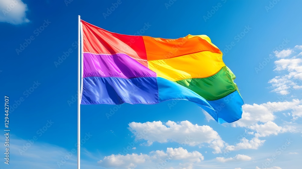 Vibrant Colorful LGBTQ Pride Flag Gracefully Waving in the Wind Against a Clear Blue Sky Symbolizing Freedom