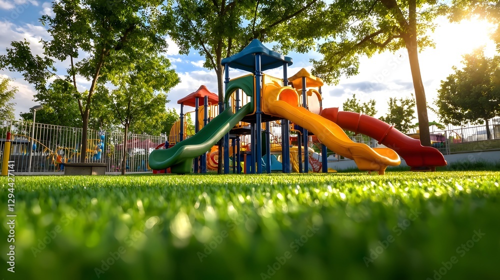 Vibrant Children s Playground with Colorful Slides Swings and Other Play Structures Set Against a Lush Green Outdoor Environment with Tall Trees Providing Shade on a Sunny Day