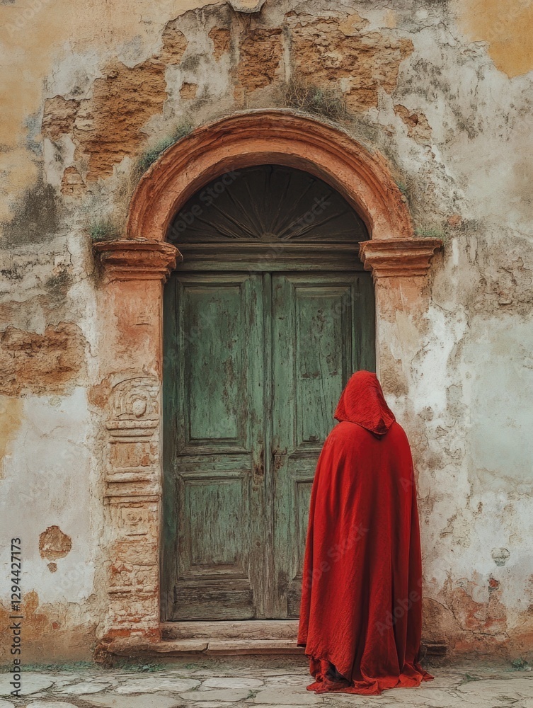 Naklejka premium Person in Red Cloak at Door