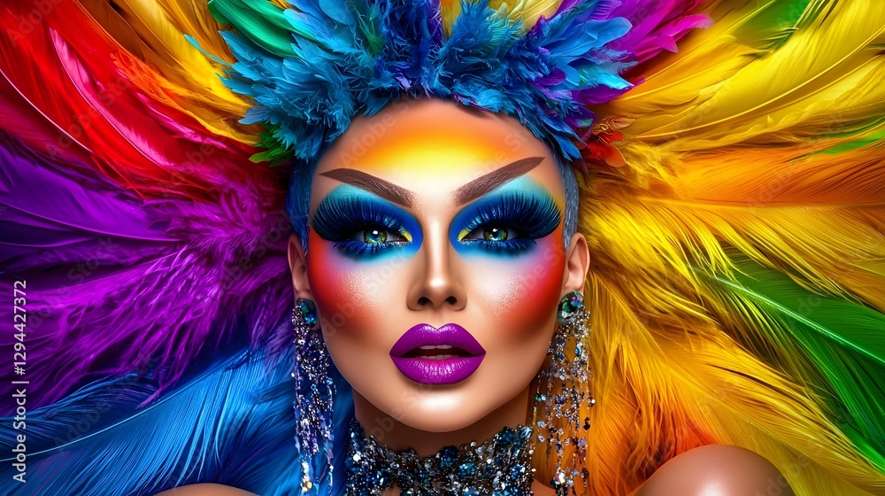 Vibrant drag performer wearing an elaborate rainbow ensemble dramatic contouring and shimmering eyeshadow exuding confidence and self expression The image has a clean