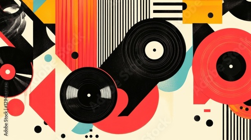 Abstract Colorful Background with Vinyl Records and Geometric Shapes