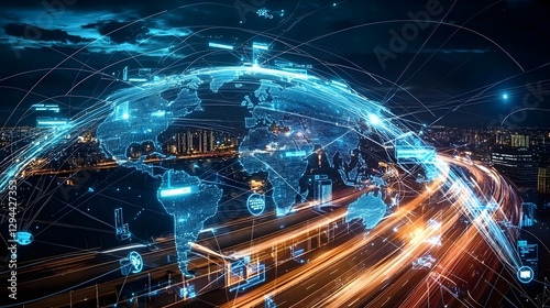 Vibrant digital world map with pulsating data links cloud computing hubs and real time financial exchange networks