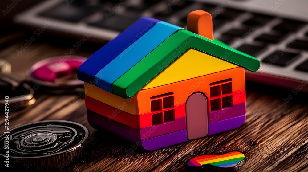 Vibrant rainbow colored smart home model with floating home automation icons representing the of digital innovation and LGBTQ inclusivity in modern real estate and sustainable living