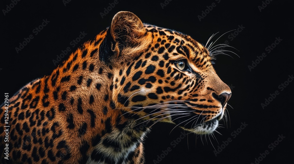 Obraz premium A focused shot of a leopard's face, light illuminating the spots against a black backdrop