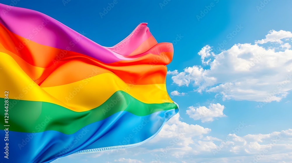 Vibrant rainbow pride flag fluttering high in a sunlit blue sky its fabric illuminated by the warm glow of the sun representing inclusion for the LGBTQ community