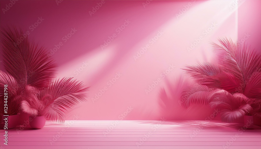 Obraz premium abstract pink color gradient studio background for product presentation empty room with shadows of window and flowers and palm leaves 3d room with copy space summer concert blurred backdrop