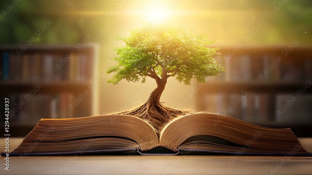 Whimsical scene of an ancient oak tree emerging from the pages of a vintage book its roots entwined with aged scrolls