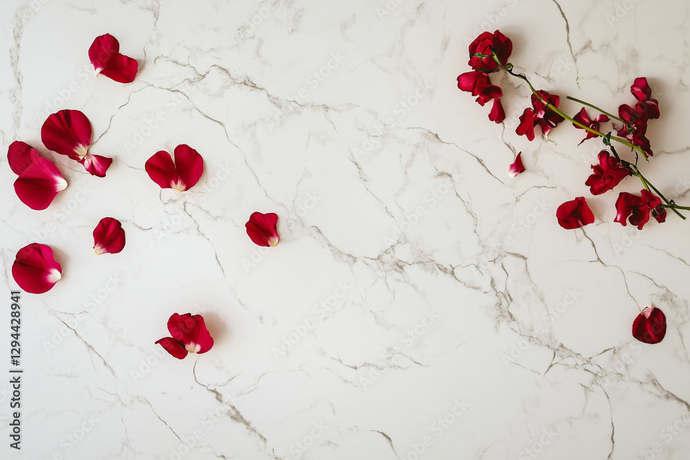White Marble Counter with Scattered Flower Petals | Minimalist Aesthetic Flat Lay | Elegant Home and Kitchen Decor